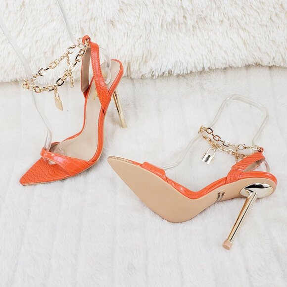 Nicely Lock Chain Strap High Heels Metal Toe Tip Orange Super Cute - Picture 5 of 13